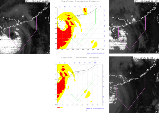 6-hour forecast (upper middle) and 12-hour forecast (lower middle) of convective cloud clusters generated by HKO's satellite convection cloud prediction system based on the deep convection satellite image at 00 UTC on 29 September 2011 (left) when Typhoon Nesat was moving across the northern part of the South China Sea. The red regions represent deep convection in the forecast. On the right are satellite images taken at the forecast time where deep convection is shown in bright white.