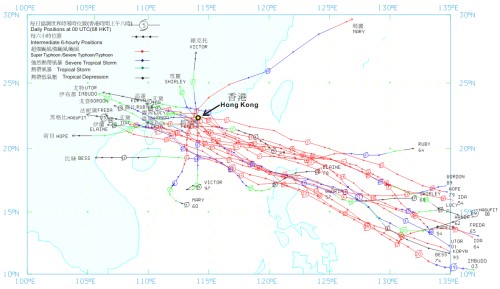 Figure 3 Tracks of tropical cyclones leading to the 20 highest storm surges in Victoria Harbour