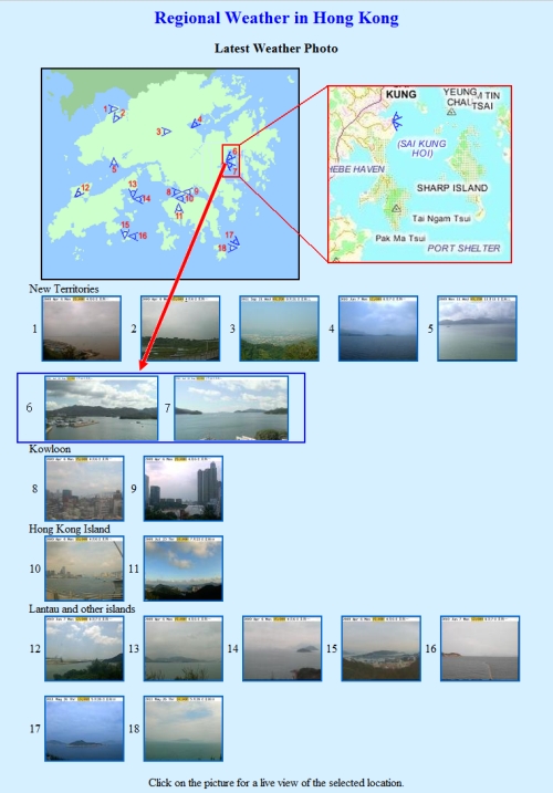 Figure 1 : The Hong Kong Observatory's regional weather webpage shows real-time weather photos at eighteen sites in Hong Kong. The location of Sai Kung Marine East Station is marked by the small red rectangle.