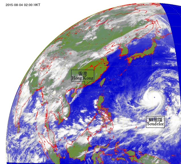 Infra-red satellite imagery of Super Typhoon Soudelor (1513) at peak intensity at 2 a.m. on 4&nbsp;August&nbsp;2015