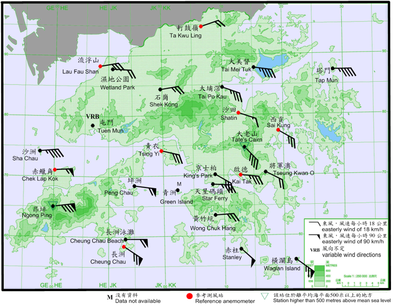 10-minute mean wind direction and speed recorded at various stations in Hong Kong at 11 a.m. on 23 August 2017.  Winds were generally from the east to southeast over the territory, with winds reaching hurricane force at Cheung Chau and Ngong Ping at that time.

