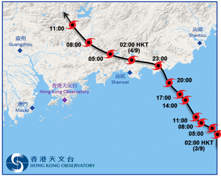 Track of Mawar in the vicinity of Hong Kong