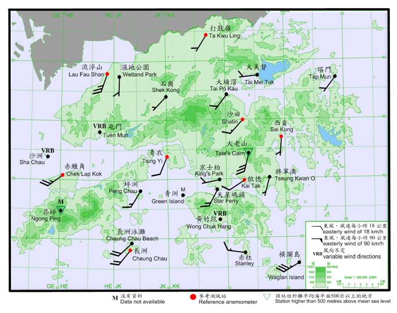 10-minute mean wind direction and speed recorded at various stations in Hong Kong at 7:10 a.m. on 4 September 2017.  Winds at Chek Lap Kok, Lau Fau Shan, Tate’s Cairn, Waglan Island reached strong force at that time

