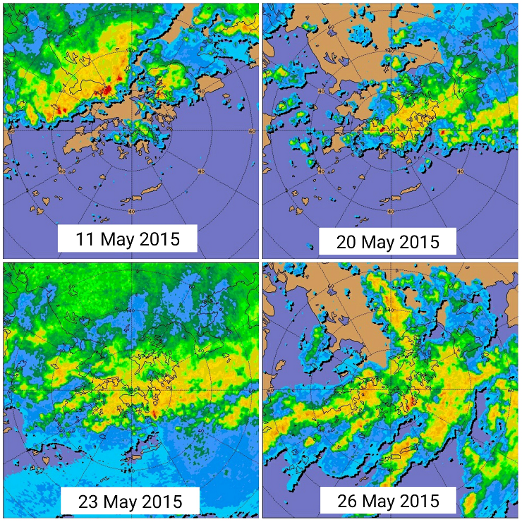 Fig. 5 Radar echoes for the four rainstorm episodes affecting Hong Kong in May 2015