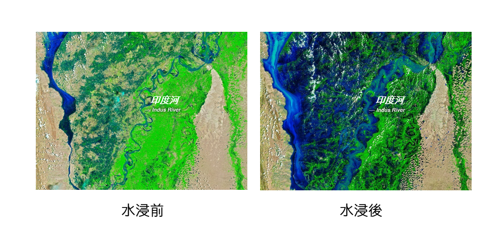 巴基斯坦中南部地區水浸前後的情況