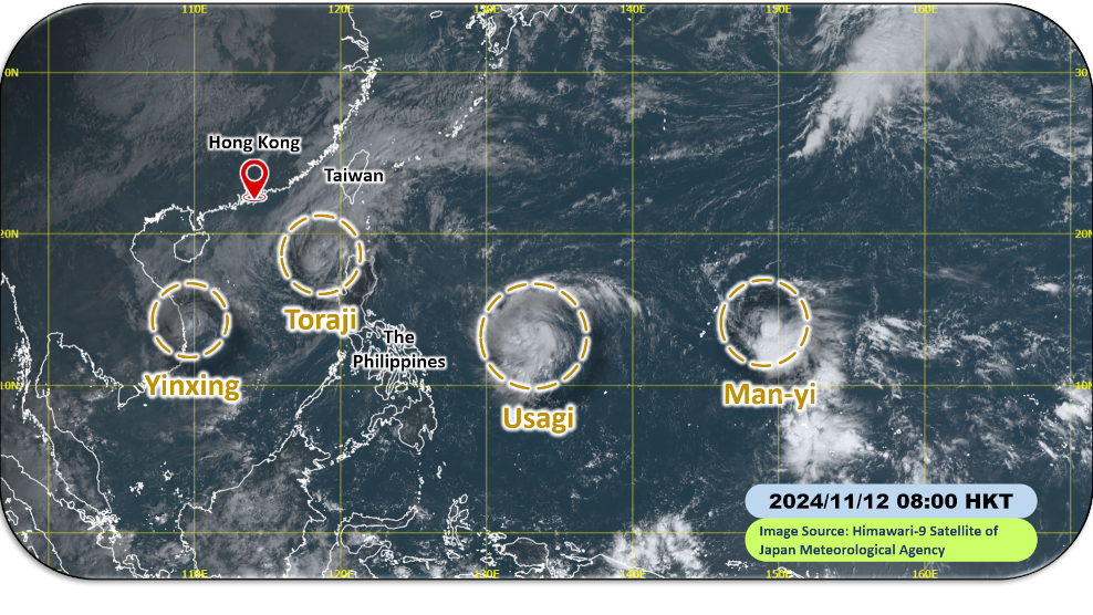 Satellite image at 8 a.m. (Hong Kong Time) on 12 November 2024, showing that four tropical cyclones occurred concurrently over the western North Pacific and the South China Sea, for the first time in November since 1961.