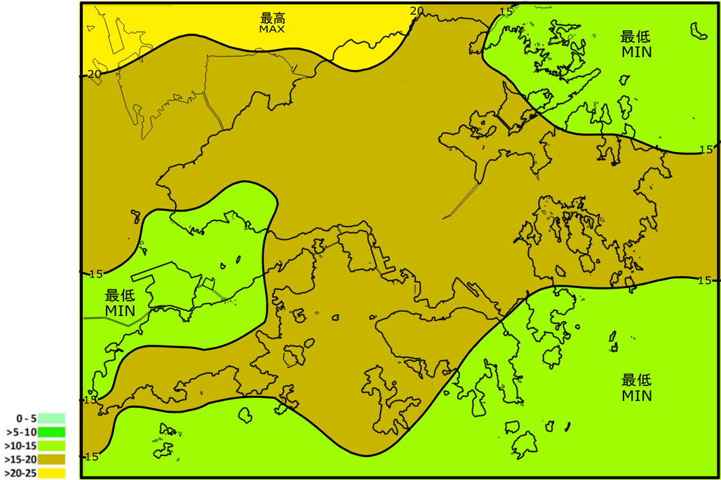 2006 年至 2025 年在香港境內每平方公里的年平均雲對地閃電次數普遍介乎10至20
